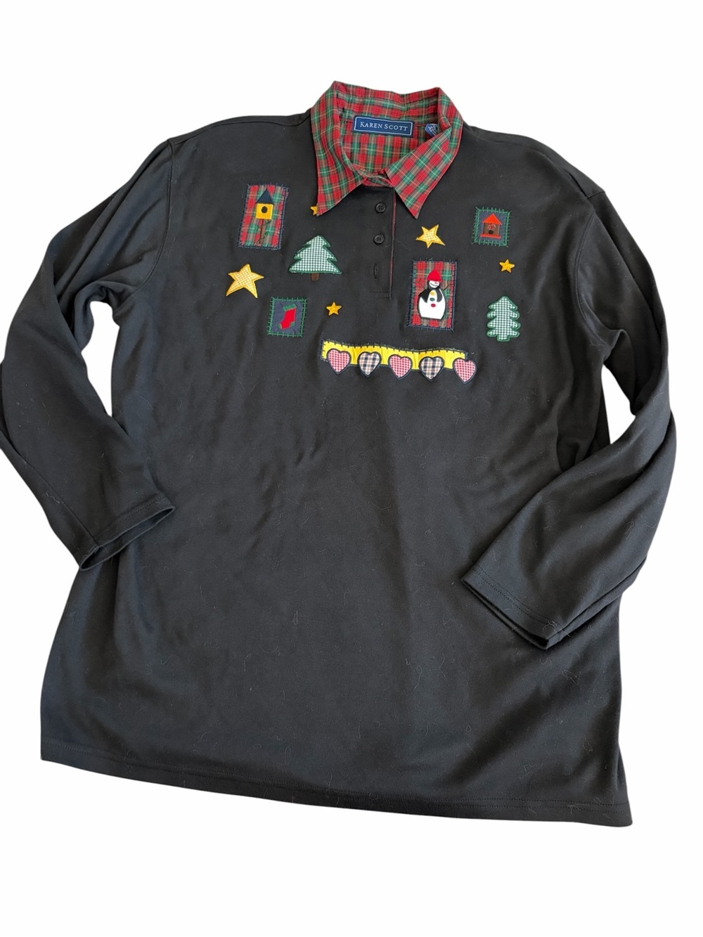 Vtg Karen Scott Black Long-Sleeve Holiday Polo with Plaid Collar Size XL